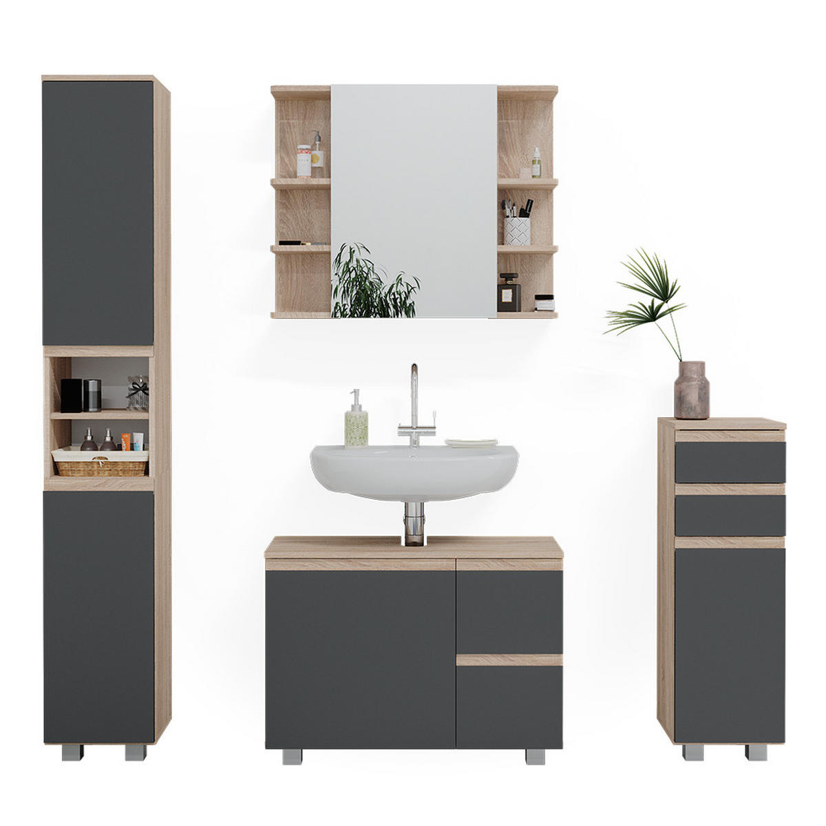 BADMÖBEL-SET J-Shape Sonoma 4 Teile - Anthrazit/Sonoma Eiche, Holzwerkstoff (80/60/33cm) - Vicco