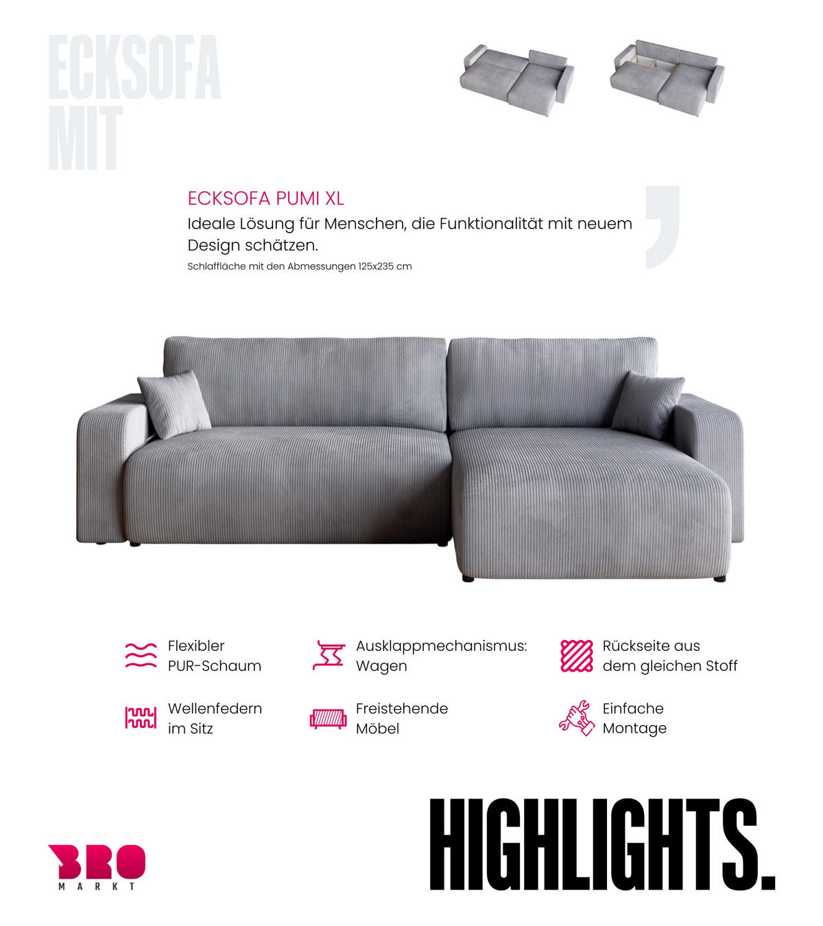 ECKSOFA PUMI XL mit Schlaffunktion Hellgrau Cord - Hellgrau, Textil (274/148cm) - Bromarkt