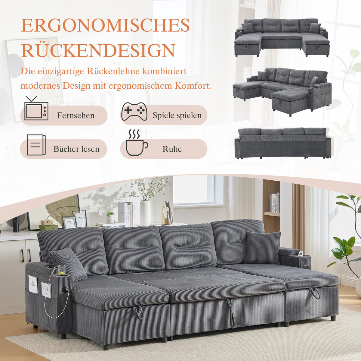 WOHNLANDSCHAFT 272/136/86 cm in Carbon Grau mit Schlaffunktion und Stauraum - Anthrazit, Textil (136/86/272cm) - Flora Grace