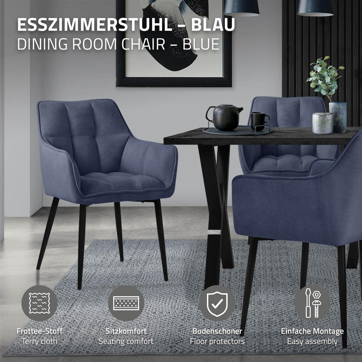 JÍDELNÍŽIDLA, SADA 4 KS, modrá froté látka - modrá/černá, kov/textil (63/90/57cm) - ML-DESIGN