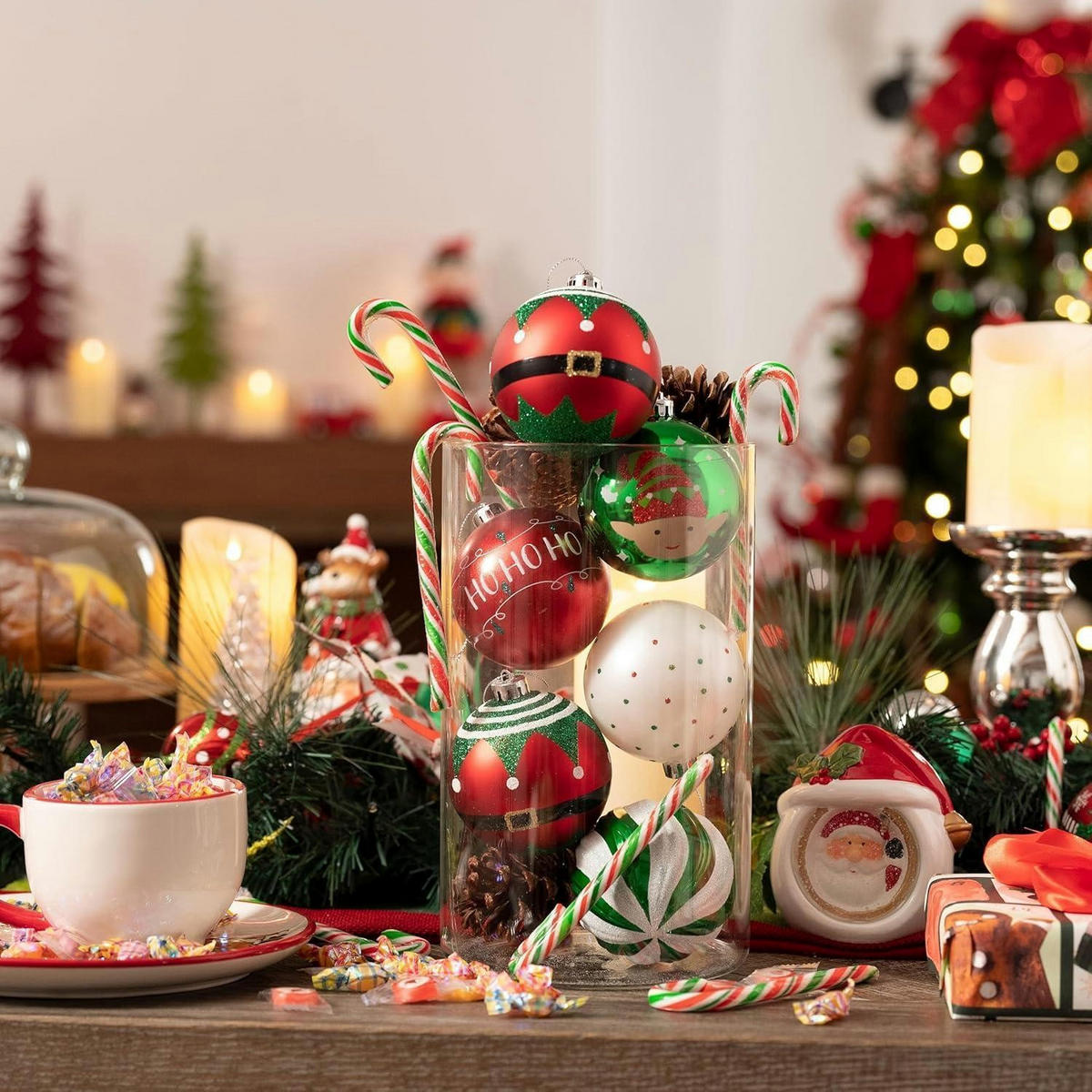 CHRISTBAUMKUGELN 12-teiliges Set 8 cm Rot Grün Weiß - Multicolor, Kunststoff (8/8/8cm)