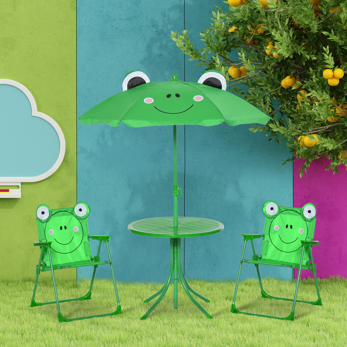 KINDERSITZGRUPPE DE-17546 Frosch-Design mit Sonnenschirm Grün - Grün, Metall (50/46/50cm) - ComfortXL