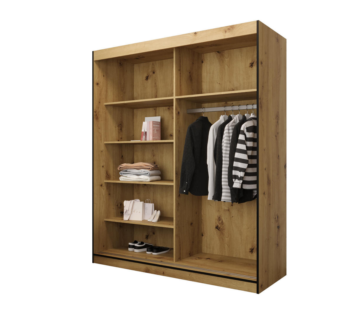 SCHIEBETÜRENSCHRANK MODENA 2 180, 2-türig Kleiderschrank mit 1 Spiegel, Moderne Garderobe, Schrank in Größe: 180 x 216 x 65 cm - Schwarz/Braun, Holzwerkstoff (180/216/65cm) - O-Sofa
