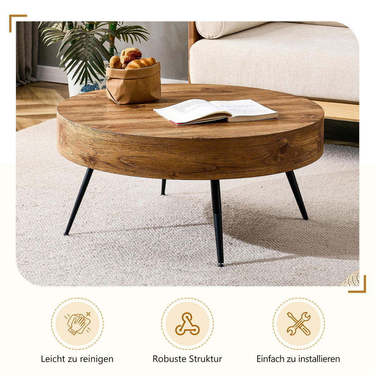 COUCHTISCH in Schwarz und Naturfarbe Wohnzimmertisch mit Holzoptik für Wohnzimmer, B70/T70/H35.5 cm - Schwarz/Naturfarben, Holzwerkstoff/Metall (70/70/35.5cm) - STILVORA