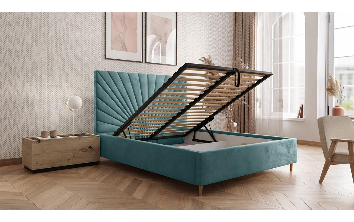 POLSTERBETT SUNNY 140x200 cm Magic Velvet 2223, 34 Holzlatten, Kopfteil 131 cm - Türkis, Textil (140/200cm) - Lookway