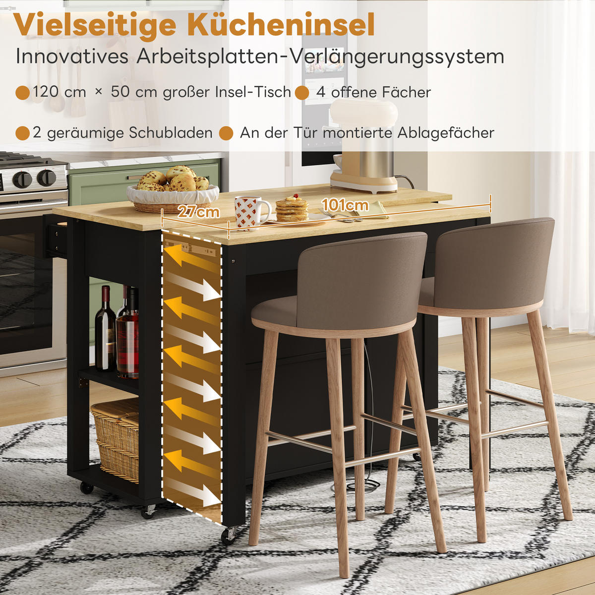 KÜCHENINSEL 120x77x93cm Schwarz MDF/Laminat mit Steckdose & Schubladen - Schwarz, Holzwerkstoff (120/93/77cm) - Modfu