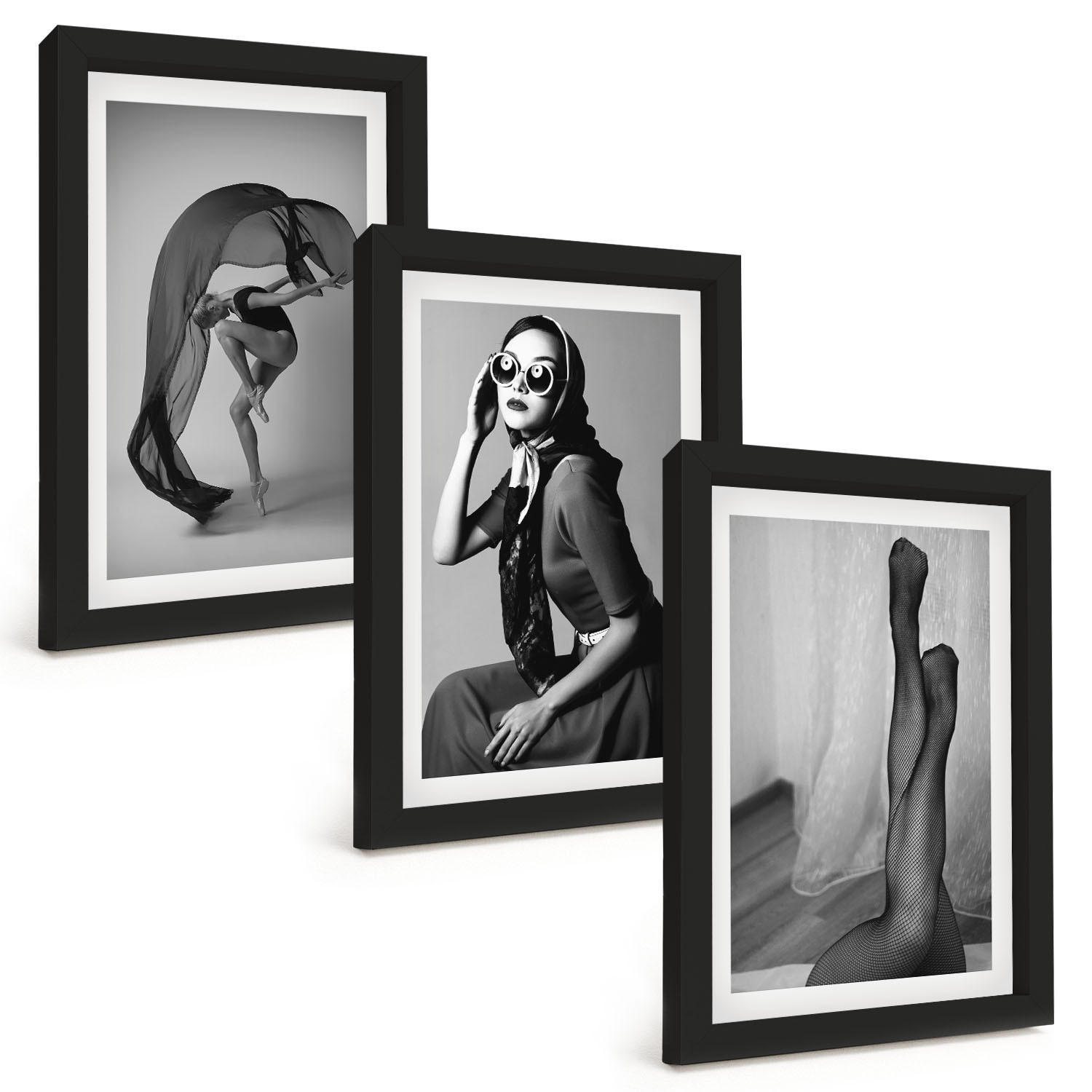 BILDER SET 3er Set - 20x30 cm Schwarzer Rahmen - Schwarz-Weiß-Porträts von Frauen - Schwarz, Kunststoff (20/30cm) - TULUP