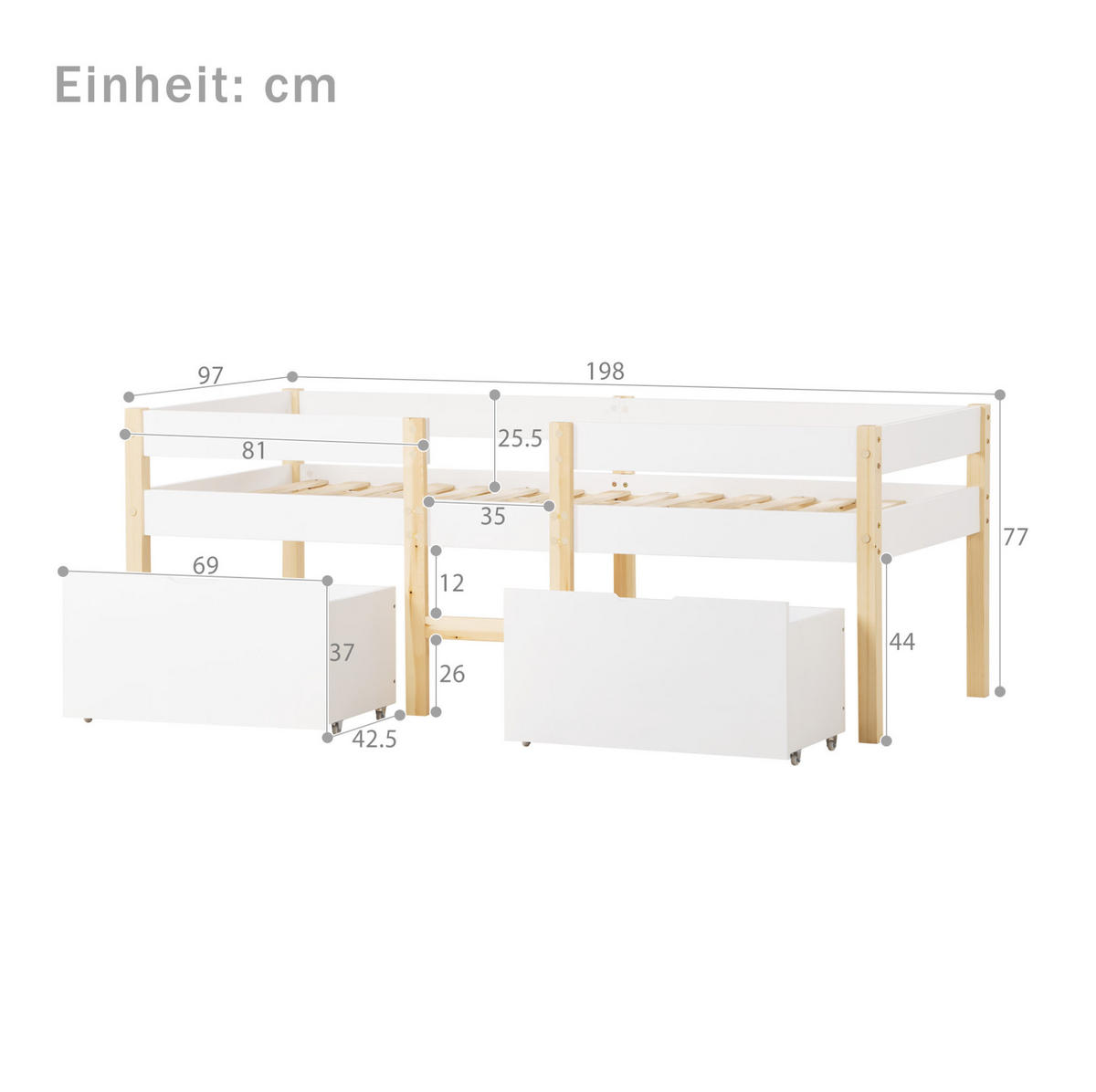 KINDEREINZELBETTEN aus Kiefer-Massivholz 90x190 cm in Weiß mit Schubladen & Rausfallschutz - Weiß, Holz (90/190cm) - Modfu