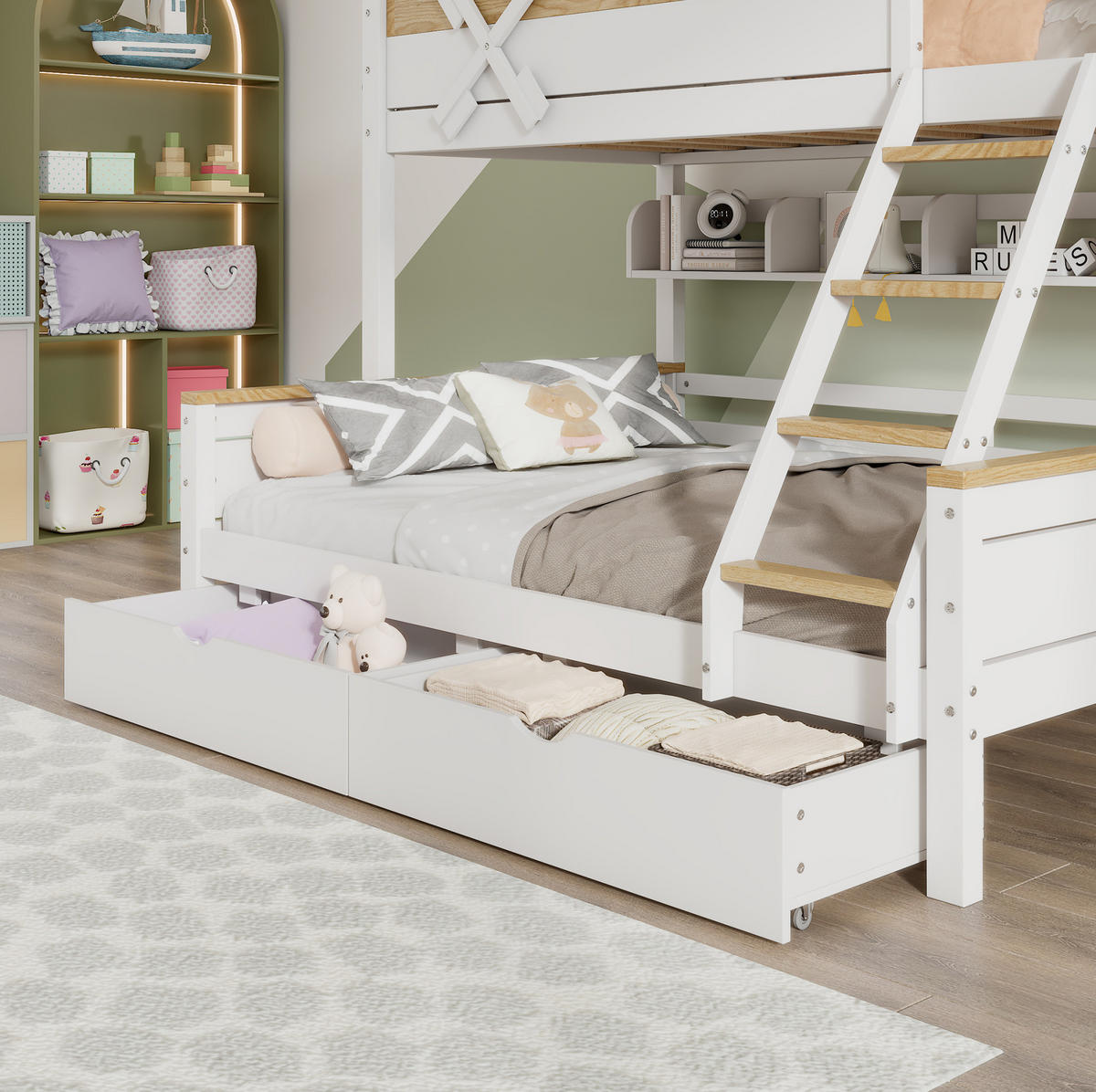 ETAGENBETT 90/200 cm & 140/200 cm in Weiß/Natur mit Windmühle, Regalen und Schubladen - Weiß, Holzwerkstoff (90/200cm) - OKMYHOME