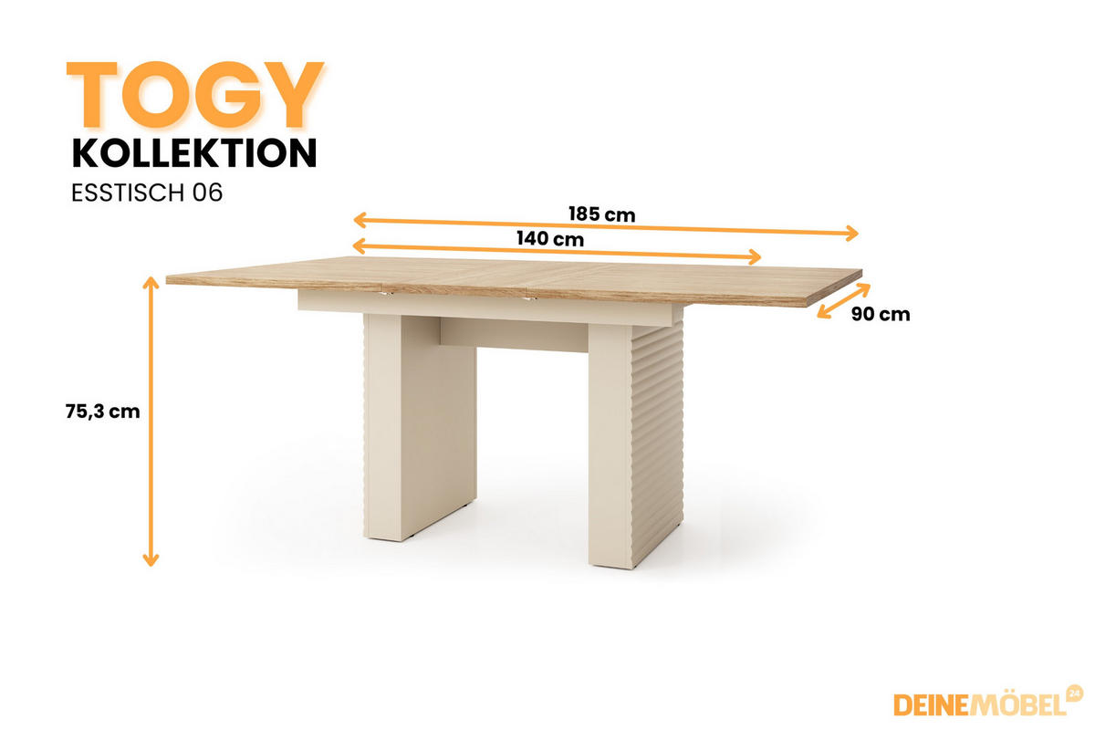 ESSTISCH TOGY 06 140-185/90 cm cm in Kaschmir / Geölter Eiche - Kaschmir/Eichefarben, Holzwerkstoff (60/100/47cm) - Deine Möbel 24