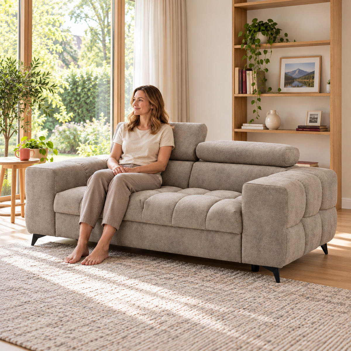 2-SITZER Sofa PUDDING 209 cm Velours Beige - Beige/Schwarz, Holz/Textil (209/93/100cm) - Muffo