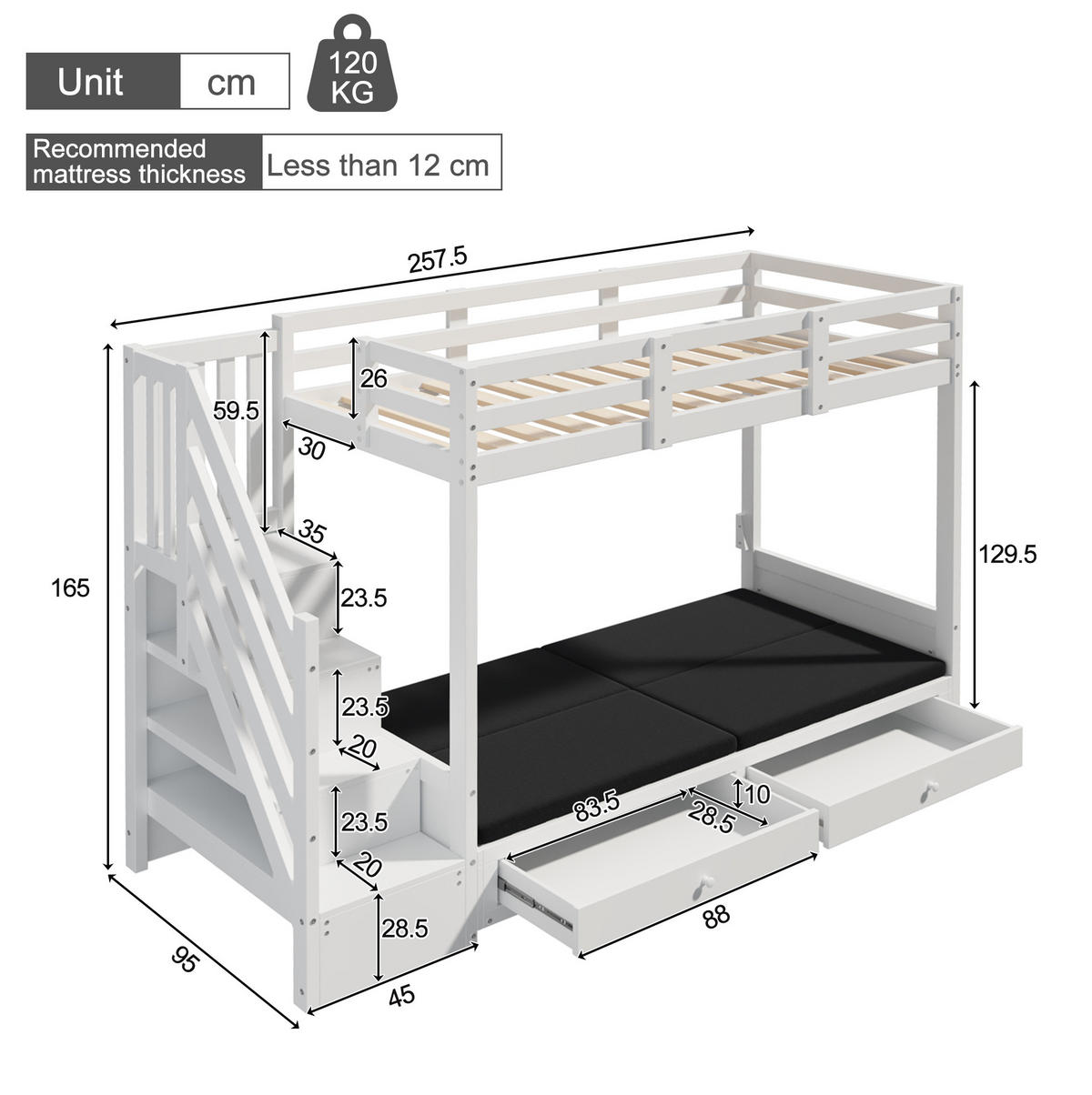ETAGENBETT 90/200 cm Weiß mit Lattenrost und Treppenschrank - Weiß, Holz (90/200cm) - MIVRAY