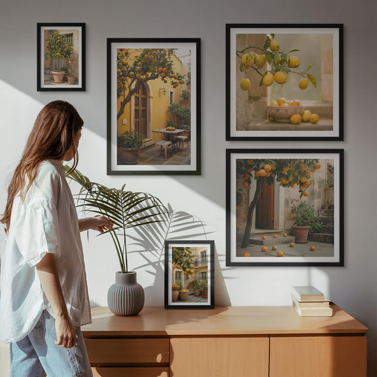 WANDBILDER 5er-Set - 50x50 cm & 20x30 cm & 40x60 cm Schwarzer Rahmen - Terrasse mit Zitrusbäumen - Schwarz, Kunststoff (40/60cm) - ArtPrintCave