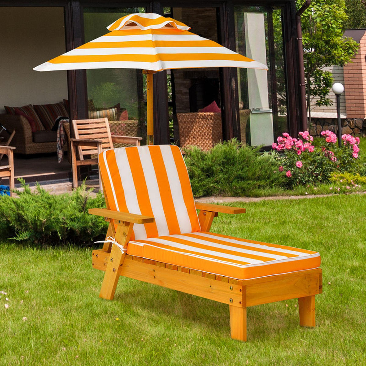 KINDER-SONNENLIEGE mit Sonnenschirm gelb - Gelb, Holz - COSTWAY