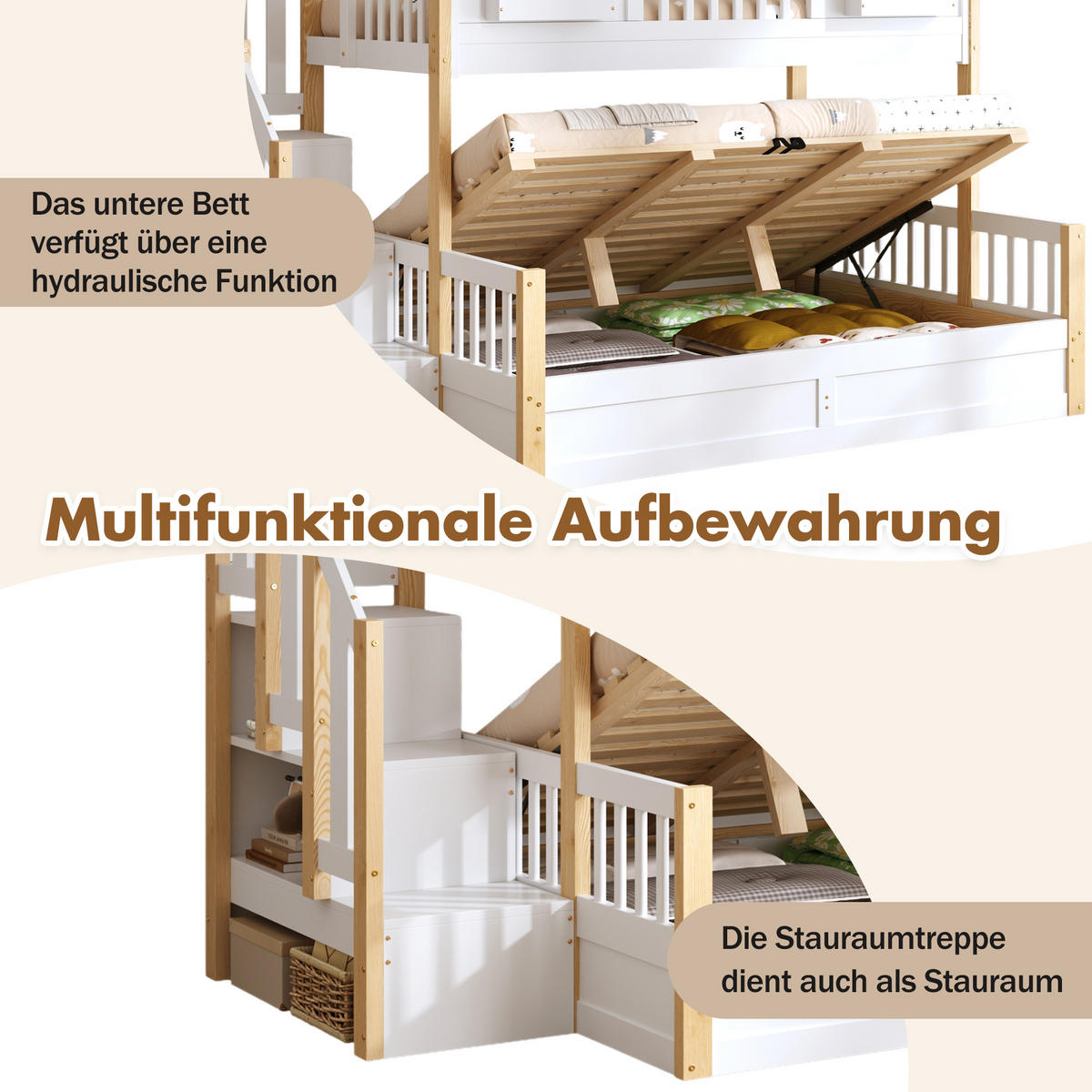 ETAGENBETT 90/200 cm und 140/200 cm Weiß + Naturholz mit LED-Beleuchtung, Treppe mit Stauraum und hydraulischen Staufächern - Weiß, Holz (90/200cm) - Oxeza