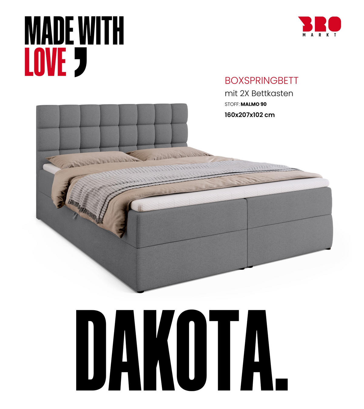 BOXBETT Dakota mit Topper 160/200 Hellgrau - Hellgrau, Textil (160/200cm) - Bromarkt