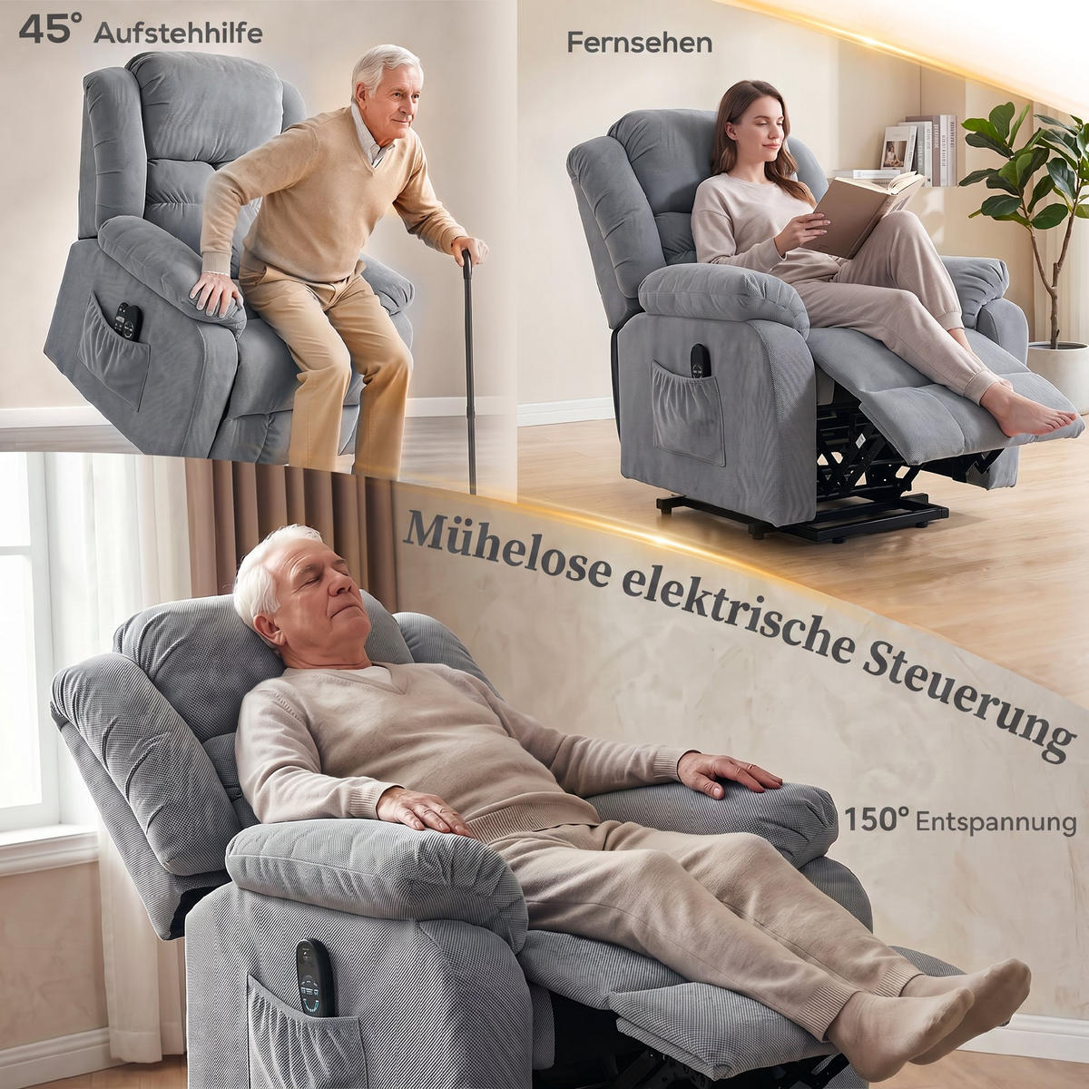 FERNSEHSESSEL mit Aufstehhilfe Polyester, Stahl Hellgrau - Hellgrau/Schwarz, Textil/Metall (92/104/102cm) - HOMCOM