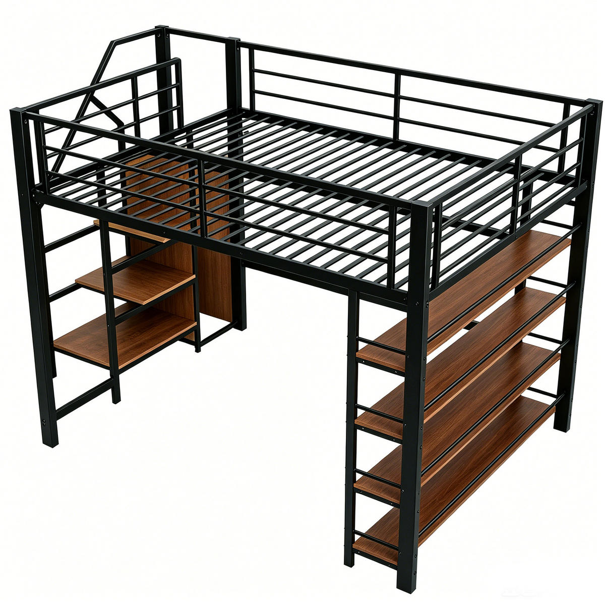 HOCHBETT 140x200 cm in Schwarz mit Stauraumtreppe, Garderobe und Regalen - Schwarz, Metall (140/200cm) - IVMEU