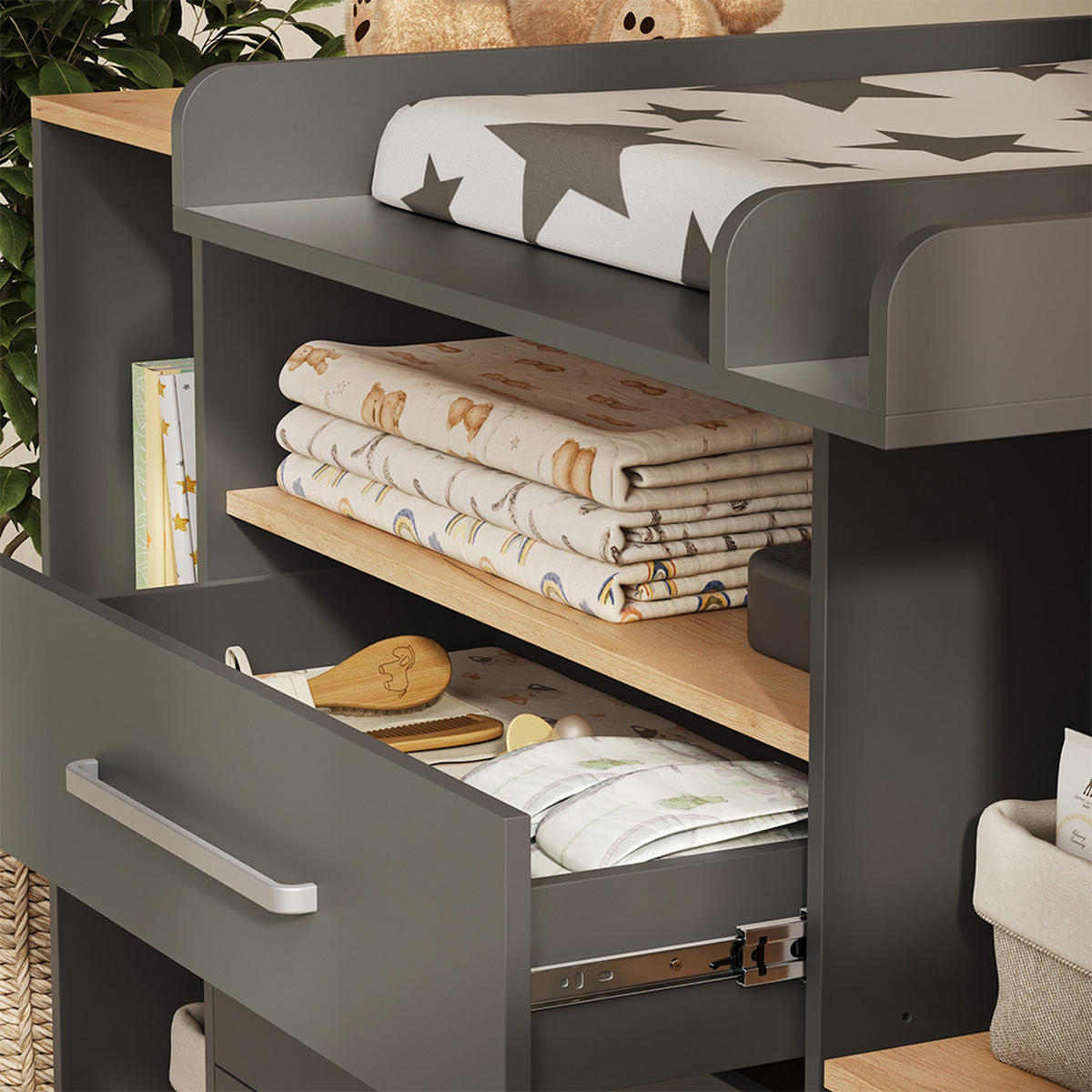 WICKELKOMMODE Olina, Anthrazit/Goldkraft Eiche, 138.3 x 93 cm - Eichefarben/Anthrazit, Holzwerkstoff (138.3/93/50cm) - Vicco
