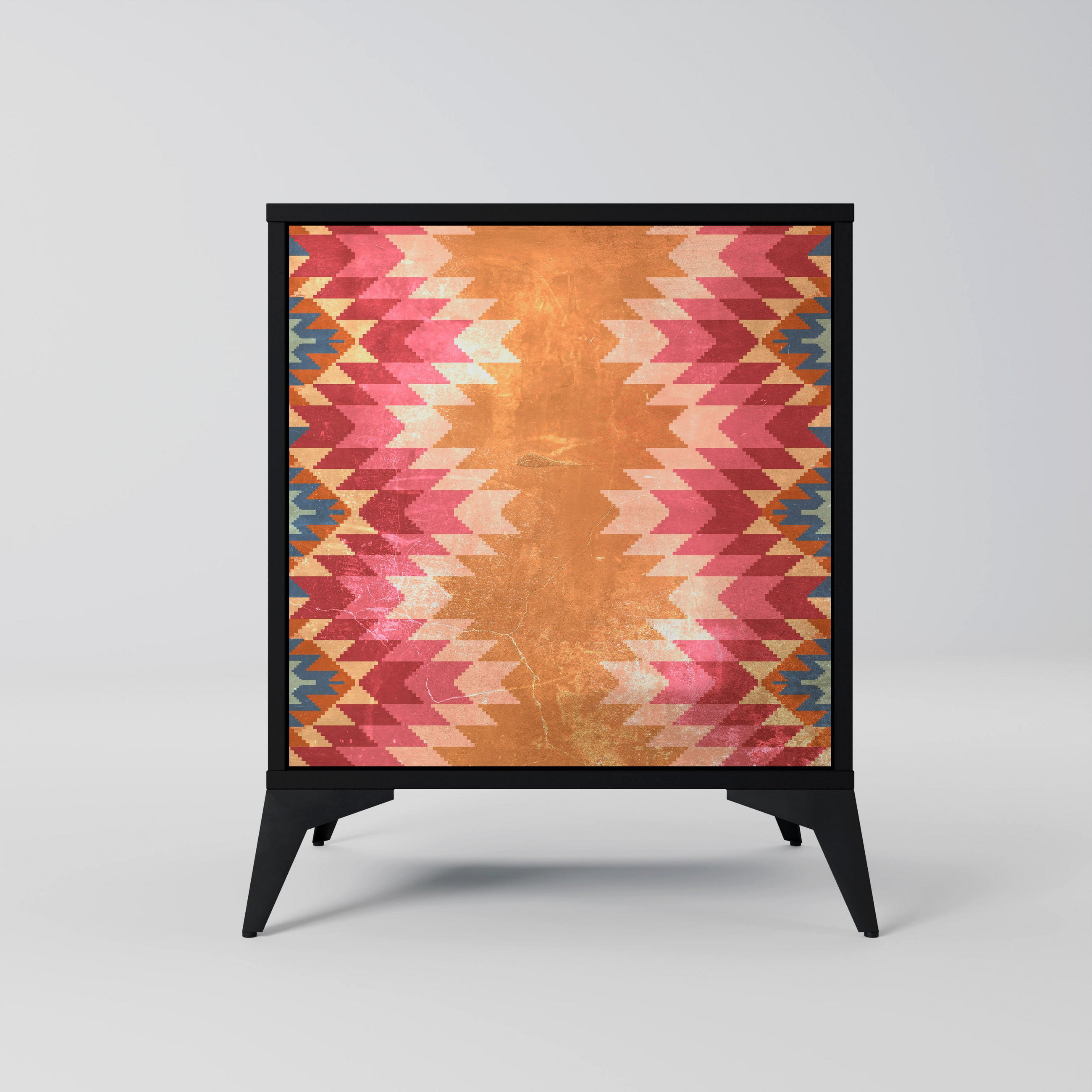 SIDEBOARD INDIAN FOLK, Schwarz, 57,5x42x70,5 cm, Schwarze Metall-Sternfüße - Multicolor/Schwarz, Holzwerkstoff/Metall (57.5/70.5/42cm) - SpaceRebels