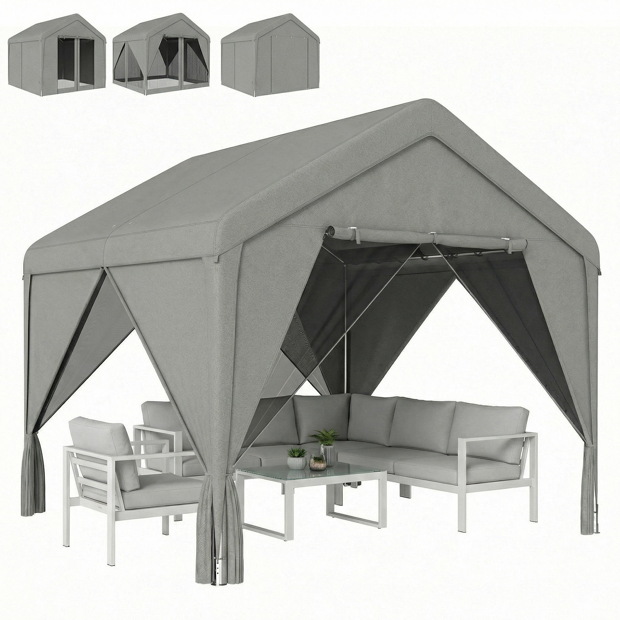 PAVILLON DE-12710 300/300 cm Doppeldach mit Vorhängen und Moskitonetzen Grau - Grau, Metall (295/278/300cm) - ComfortXL