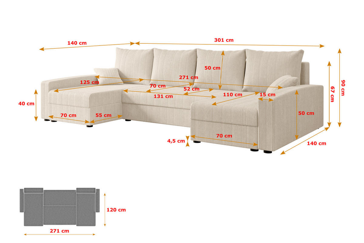 WOHNLANDSCHAFT mit Schlaffunktion und Bettkasten ALESIA-U 301x140x90 cm Beige Cord - Beige/Silberfarben, Holzwerkstoff/Kunststoff (301/90/140cm) - ALTDECOR