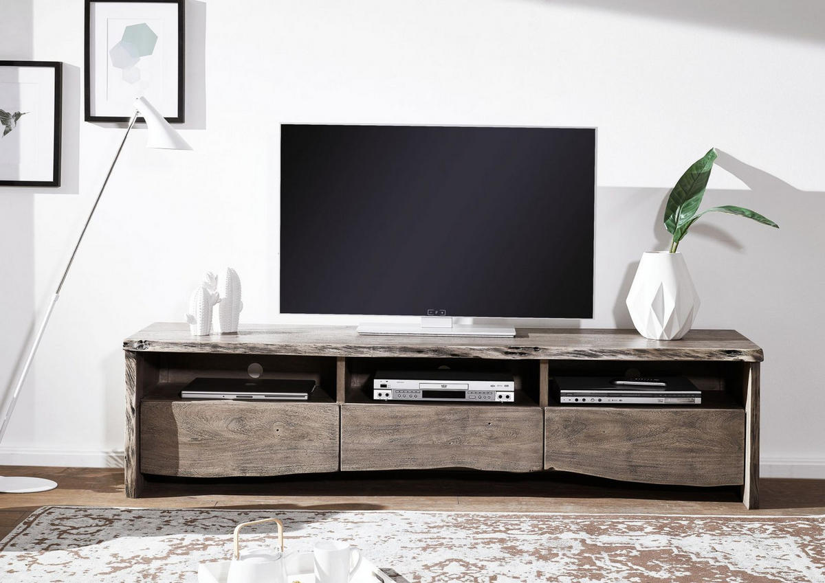 TV-BOARD Akazie 191x45x50 grau lackiert PURE ACACIA #404 - Grau, Holz (191/50/45cm) - Massivmoebel24