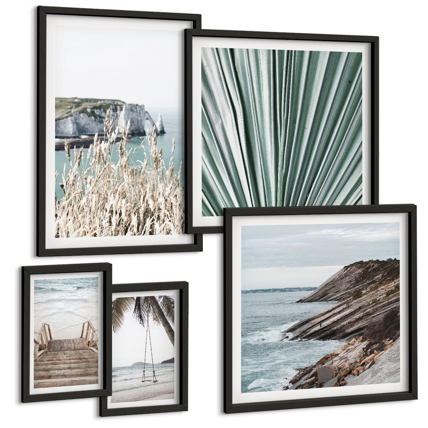 BILDER SET 5er Set - 50x50 cm & 20x30 cm & 40x60 cm Schwarzer Rahmen - Strandtreppe Schaukel Meer - Schwarz, Kunststoff (40/60cm) - TULUP