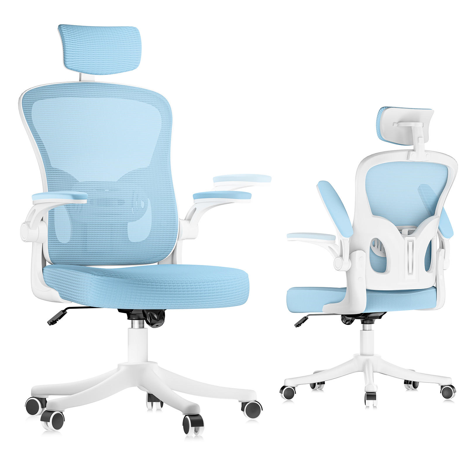 BÜROSTUHL ergonomisch Weiß-Blau mit Lendenstütze - Blau, Metall (58.5/28.5/61cm) - Rattrix