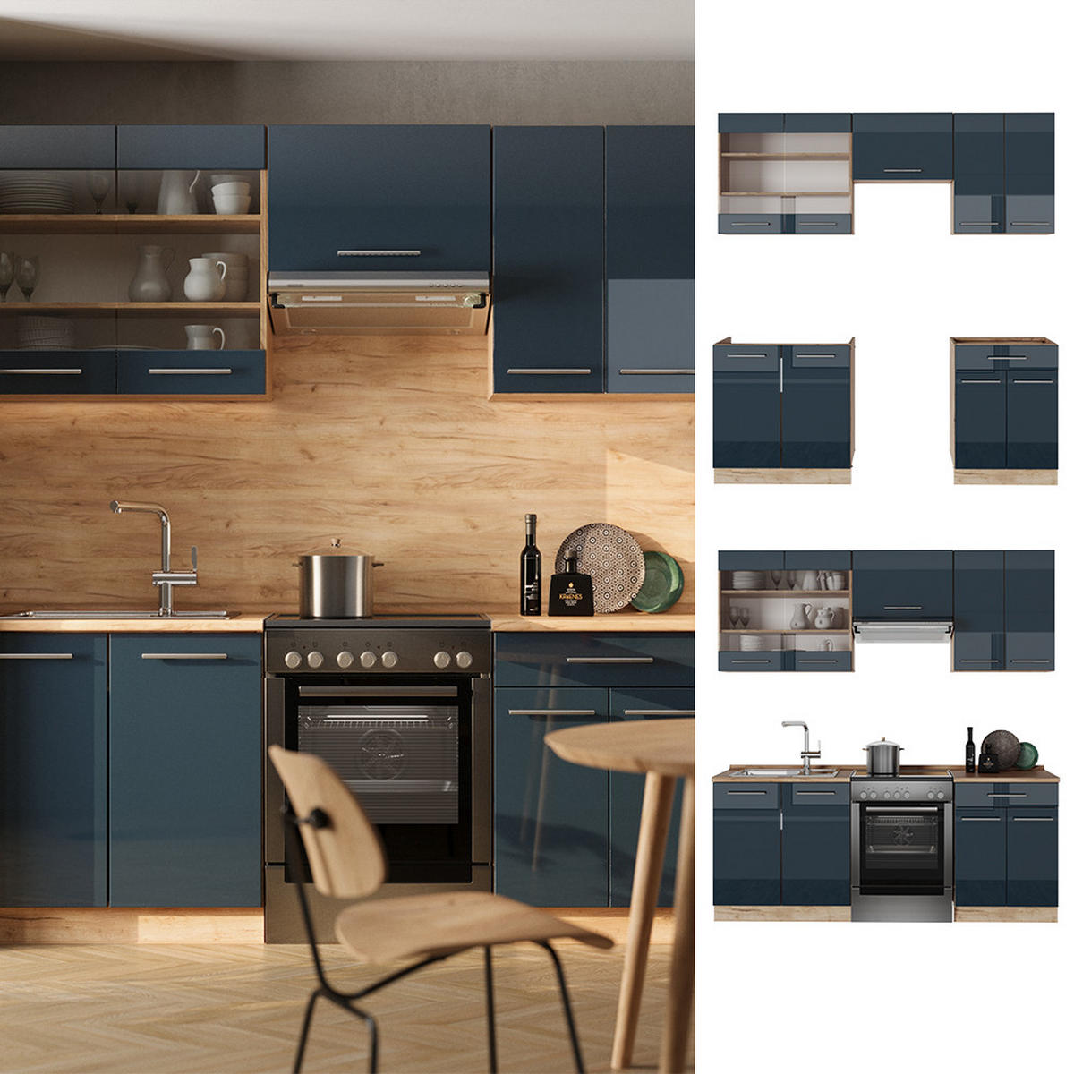 KÜCHENZEILE Fame-Line Dunkelblau Hochglanz/Goldkraft Eiche 200 cm AP Eiche - Eiche Wotan/Dunkelblau, Holzwerkstoff (200/81.6/60cm) - Vicco