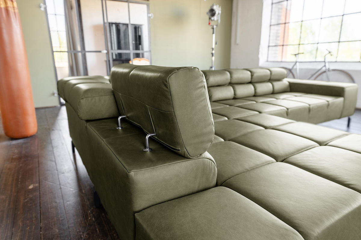 ECKSOFA NELSON Grün Leder Relaxfunktion - Schwarz/Olivgrün, Leder/Metall (321/216cm) - KAWOLA