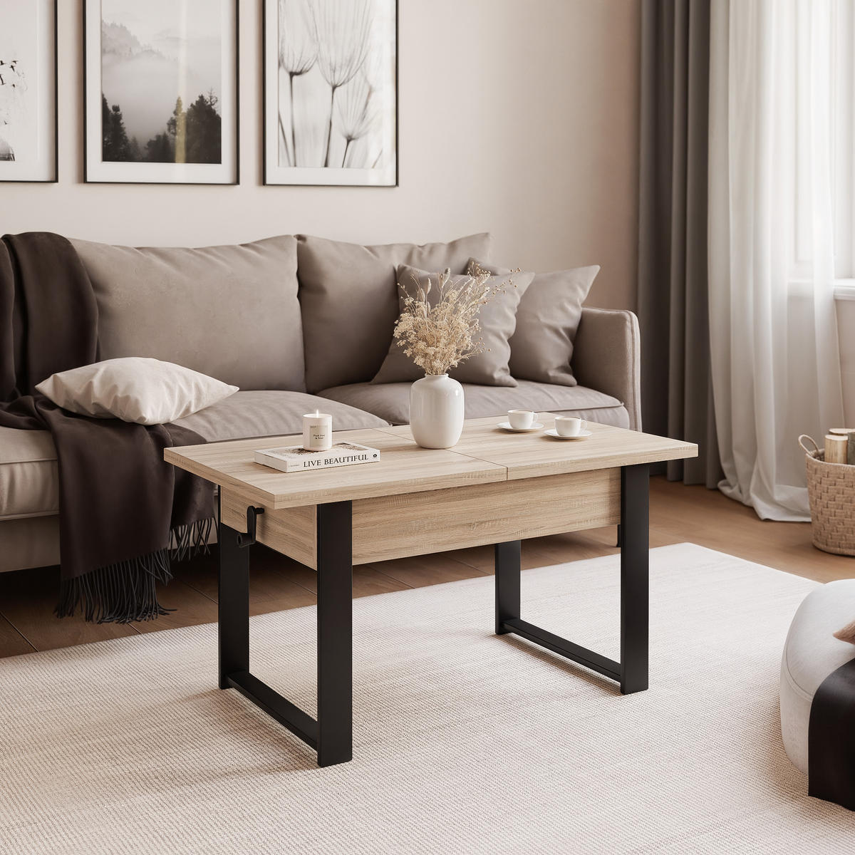COUCHTISCH TIVOR Multifunktionalität 3-in-1 - Schwarz/Sonoma Eiche, Holzwerkstoff/Metall (67/120/63.5cm) - Idohome