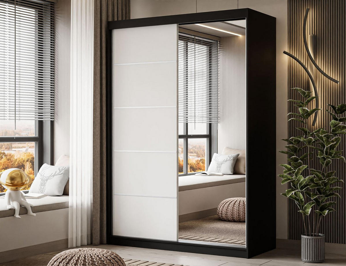 KLEIDERSCHRANK CAMARO II PLUS 150 cm mit Spiegel Schiebetürenschrank Schwarz / Weiß - Schwarz/Weiß, Holzwerkstoff (150/215/59cm) - Lookway