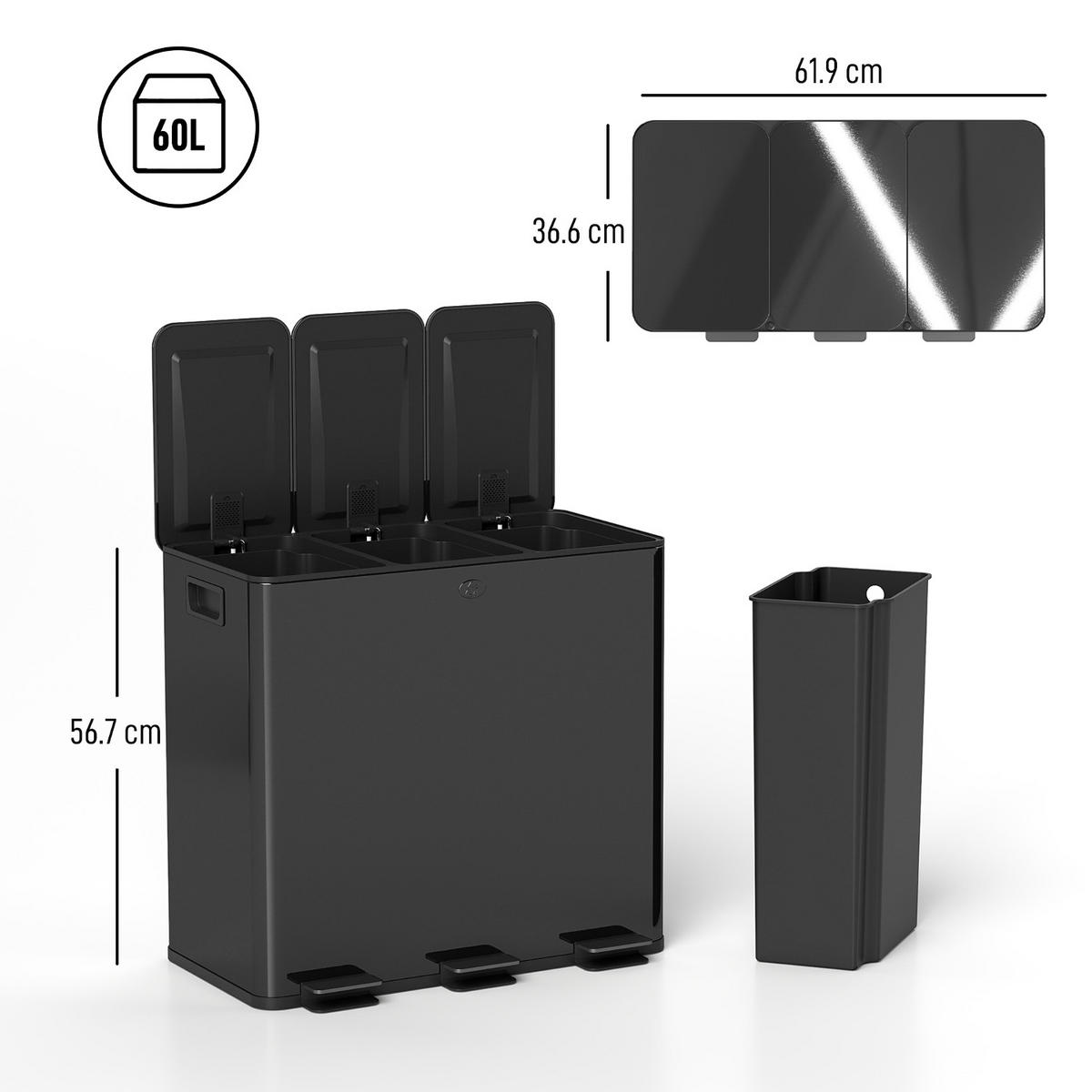 MÜLLTRENNSYSTEM 3 FÄCHER 60L 61,9/36,6/56,7 cm Edelstahl Schwarz Treteimer - Schwarz, Metall (36.6/56.7/61.9cm) - Rolipo