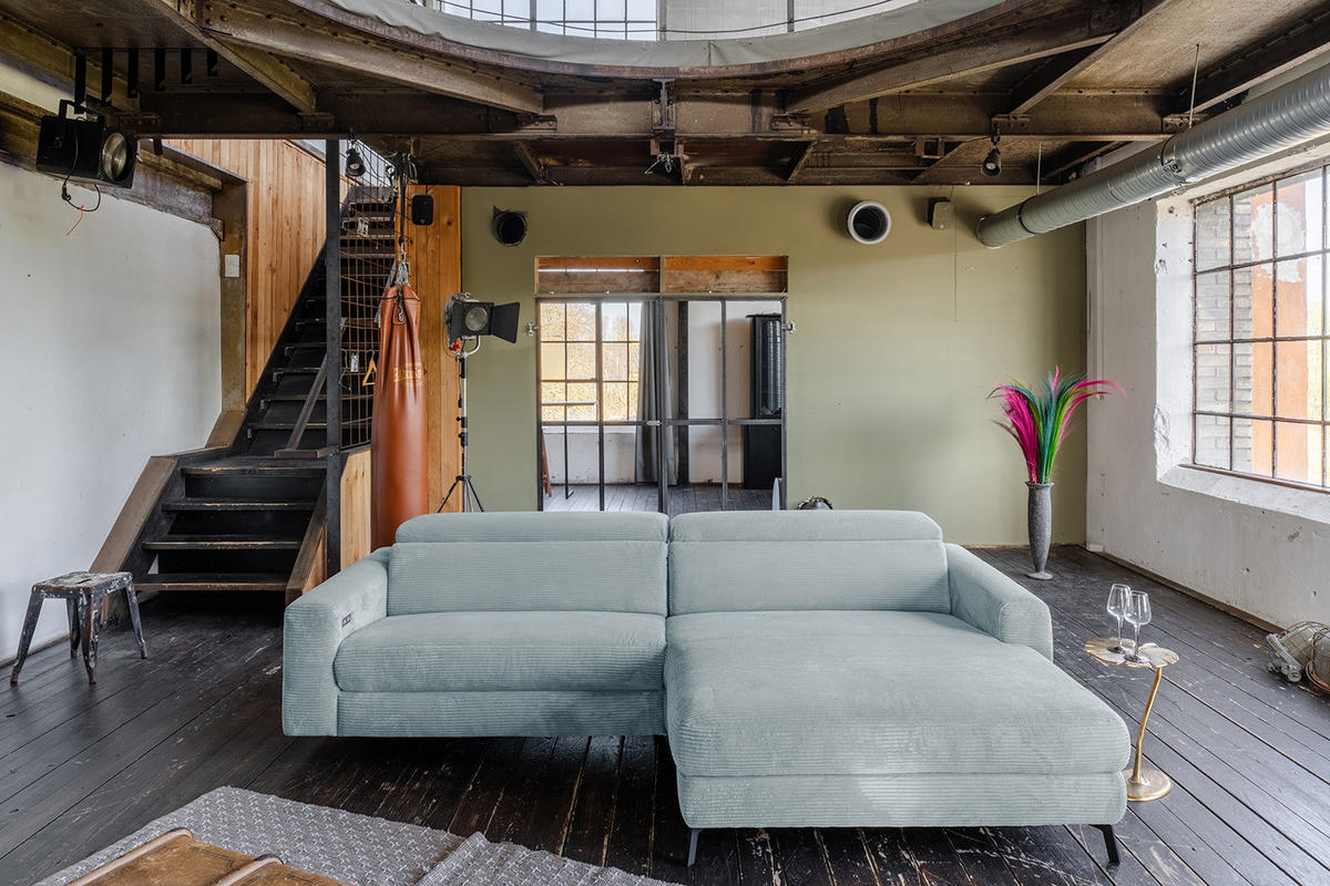 ECKSOFA LAISKA Hellblau Cord Relaxfunktion - Schwarz/Hellblau, Textil/Metall (282/177cm) - KAWOLA