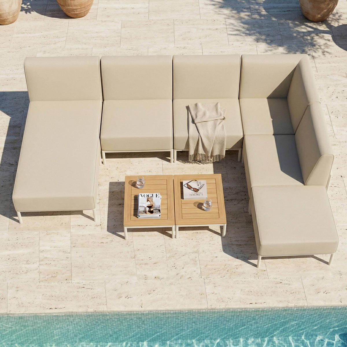GARTENSOFA mit 6 Sitzplätzen, Beige - Beige, Textil (180/78/360cm) - Oviala