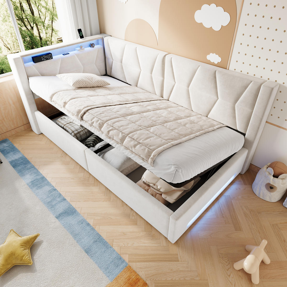 BOXBETT 90/200cm, LED/USB-C, Bettkasten, Lattenrost, Beige - Beige, Holz/Metall (90/200cm) - LVHOM