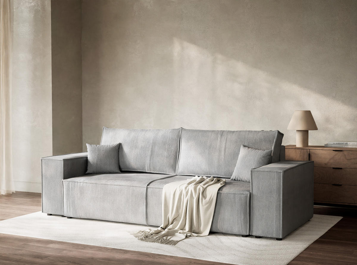 SOFA MIT SCHLAFFUNKTION Milos Hellgrau Samtstoff - Hellgrau/Schwarz, Holz/Holzwerkstoff (255/70/105cm) - Maison de Reve