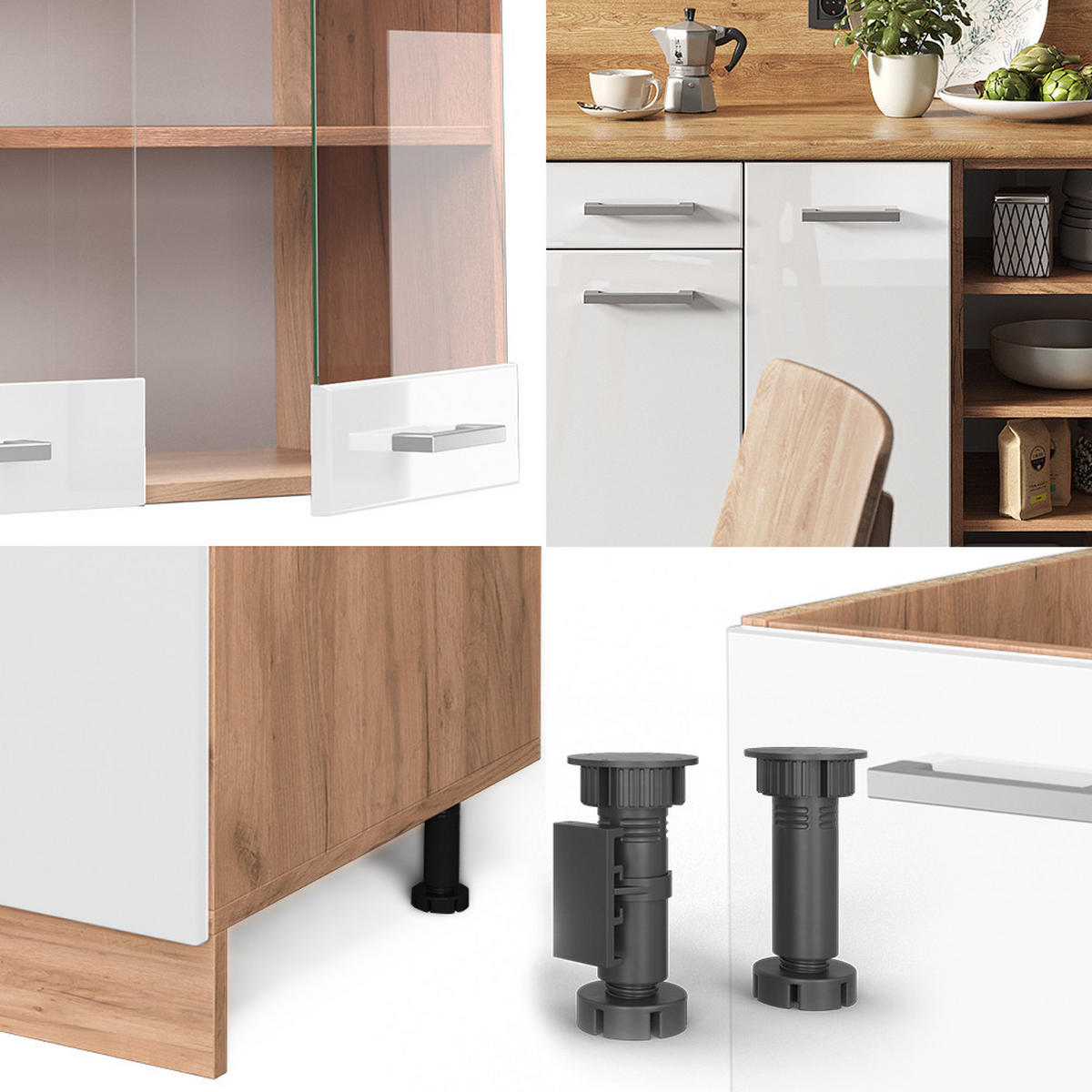 KÜCHENZEILE R-Line Weiß Hochglanz/Goldkraft Eiche 240 cm, AP Anthrazit - Weiß Hochglanz/Eiche Wotan, Holzwerkstoff (240/81.6/60cm) - Vicco