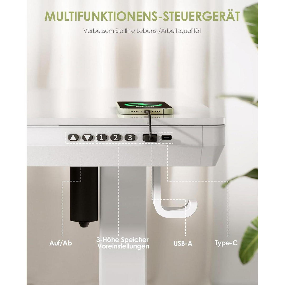 SCHREIBTISCH elektrisch höhenverstellbar 140 x 60 cm mit Schublade und USB-Anschlüssen Weiß - Weiß, Glas (140/60/72cm)