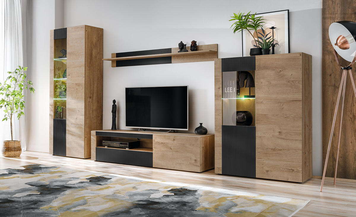 TV-LOWBOARD Ribbeck Eiche, schwarz 160 cm, TV Unterschrank mit Push-to-Open und Soft-Close - Eichefarben/Schwarz, Holzwerkstoff/Kunststoff (160/45/42cm) - Inn.Furn