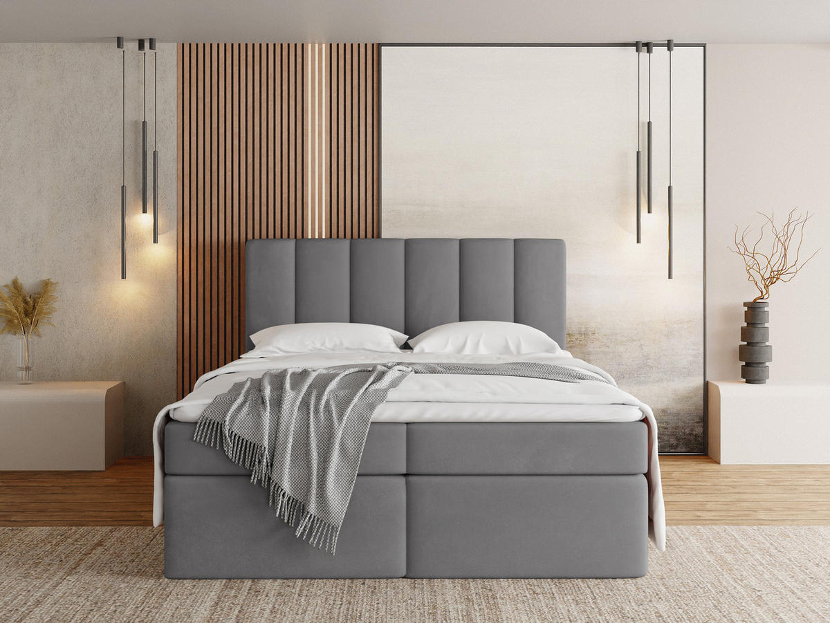 BOXBETT Amira mit Bettkasten, Grau Samt 160x200 cm - inkl. H3 Matratze und H3 Foam Topper - Grau, Holzwerkstoff/Kunststoff (160/200cm) - WFL GROUP