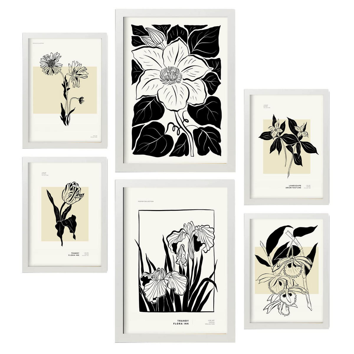 POSTER Set Mit 6 Schwarze Tinte Blumen Größe A3 & A4 Weißer Rahmen - Weiß, Papier (29.7/1cm) - Nacnic