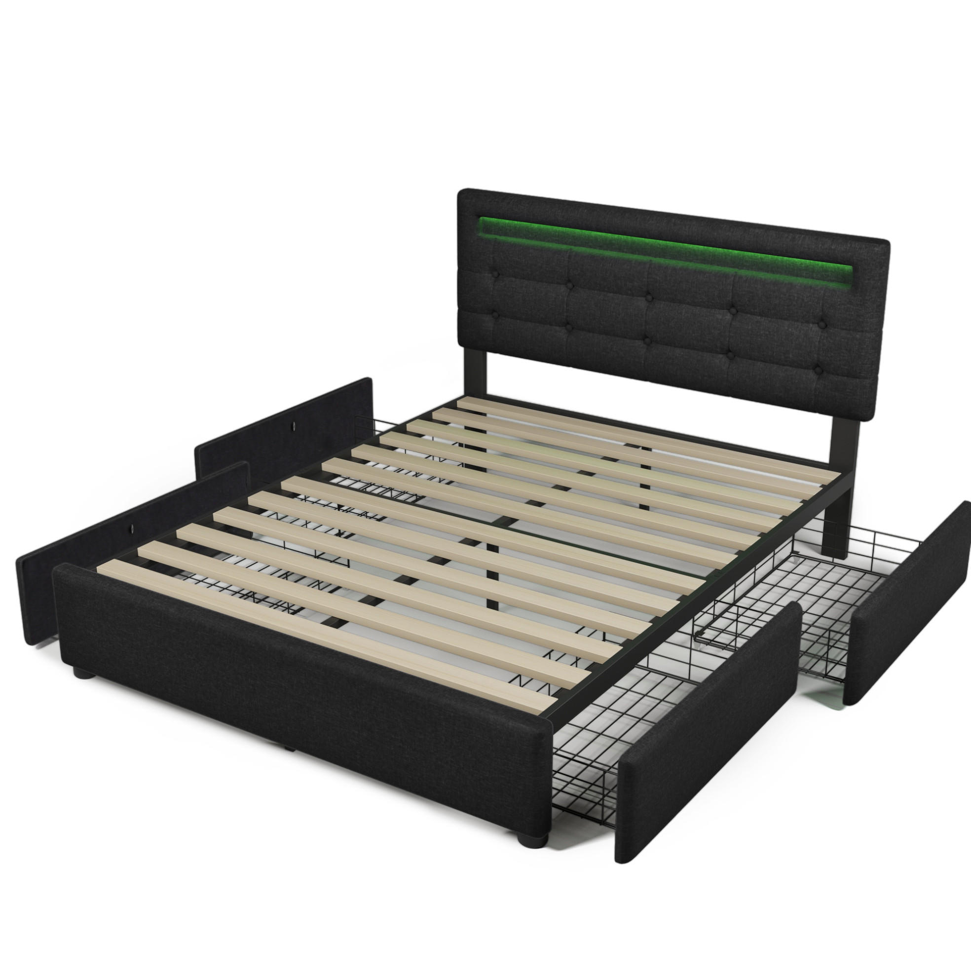 POLSTERBETT 140/200 cm mit LED-Beleuchtung, 4 Schubladen, verstellbarem Kopfteil und Matratze, Schwarz - Schwarz, Textil (140/140cm) - Redom