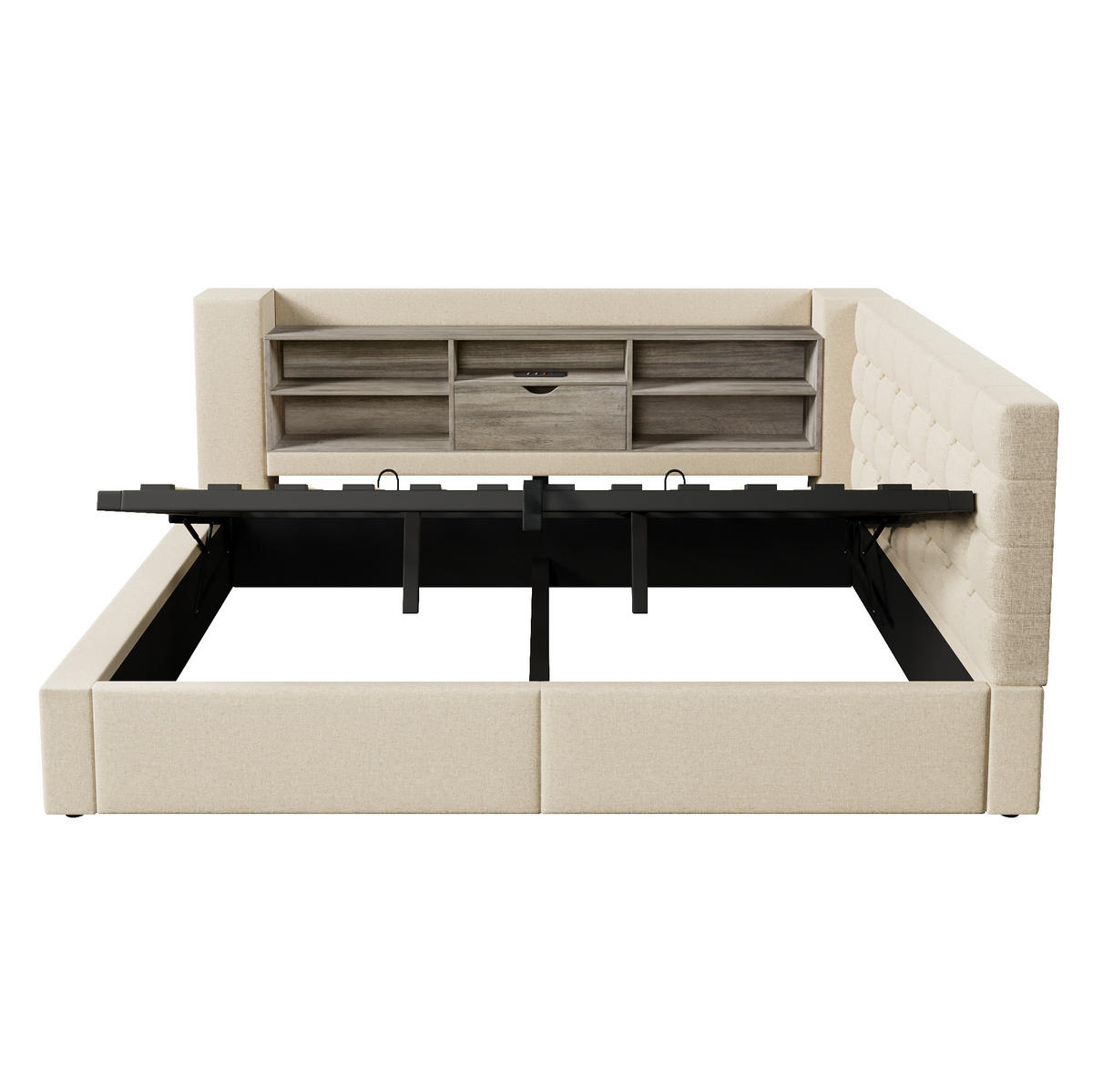 POLSTERBETT 140/200 cm mit LED-Beleuchtung, USB-Anschlüssen, hydraulischem Stauraum und flexiblem L-Kopfteil, Beige - Beige, Textil (140/200cm) - Redom