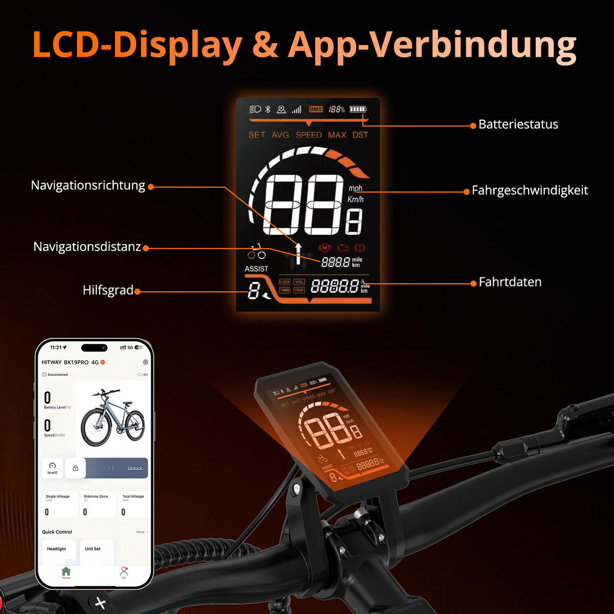 E-BIKE BK19PRO ,IP67 wasserdicht, App-gesteuert - Grau, Metall (78cm) - HITWAY