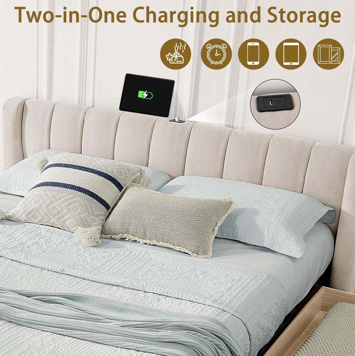 BETT mit 4 Schubladen und USB 140x200 cm Chenille Beige - Beige, Holz (140/200cm) - Meubliv