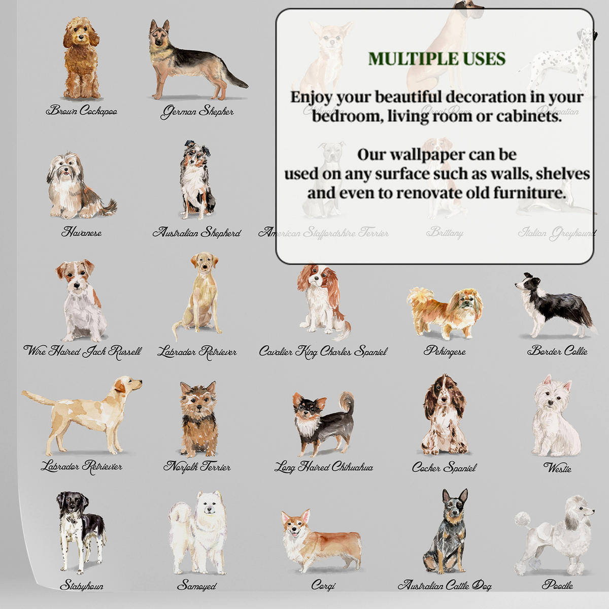 TAPETE Hunde aus echtem Papier, 200x280cm, 8 Bögen - Grau, Papier (200/280cm) - WALLPAPERS4BEGINNERS