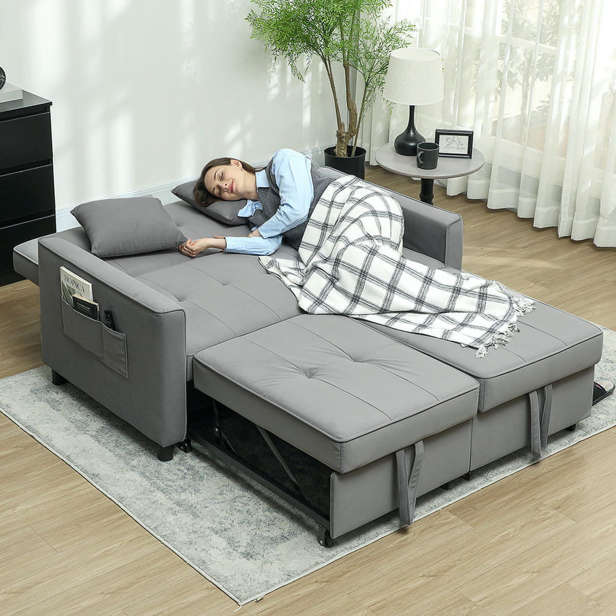 SCHLAFSOFA, 2-Sitzer Sofa mit Schlaffunktion, Verstellbare Rückenlehne, Rollen - Grau, Metall (90.5/89/140.5cm) - HOMCOM