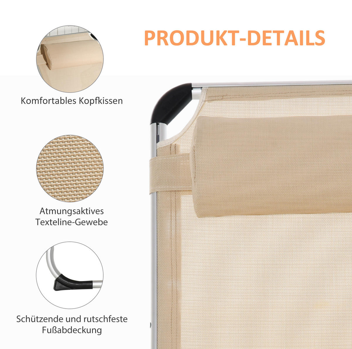 SONNENLIEGE aus Aluminium 165x60x76 cm in Beige mit 4-fach verstellbarer Rückenlehne - Beige, Metall (60/76/165cm) - Modfu